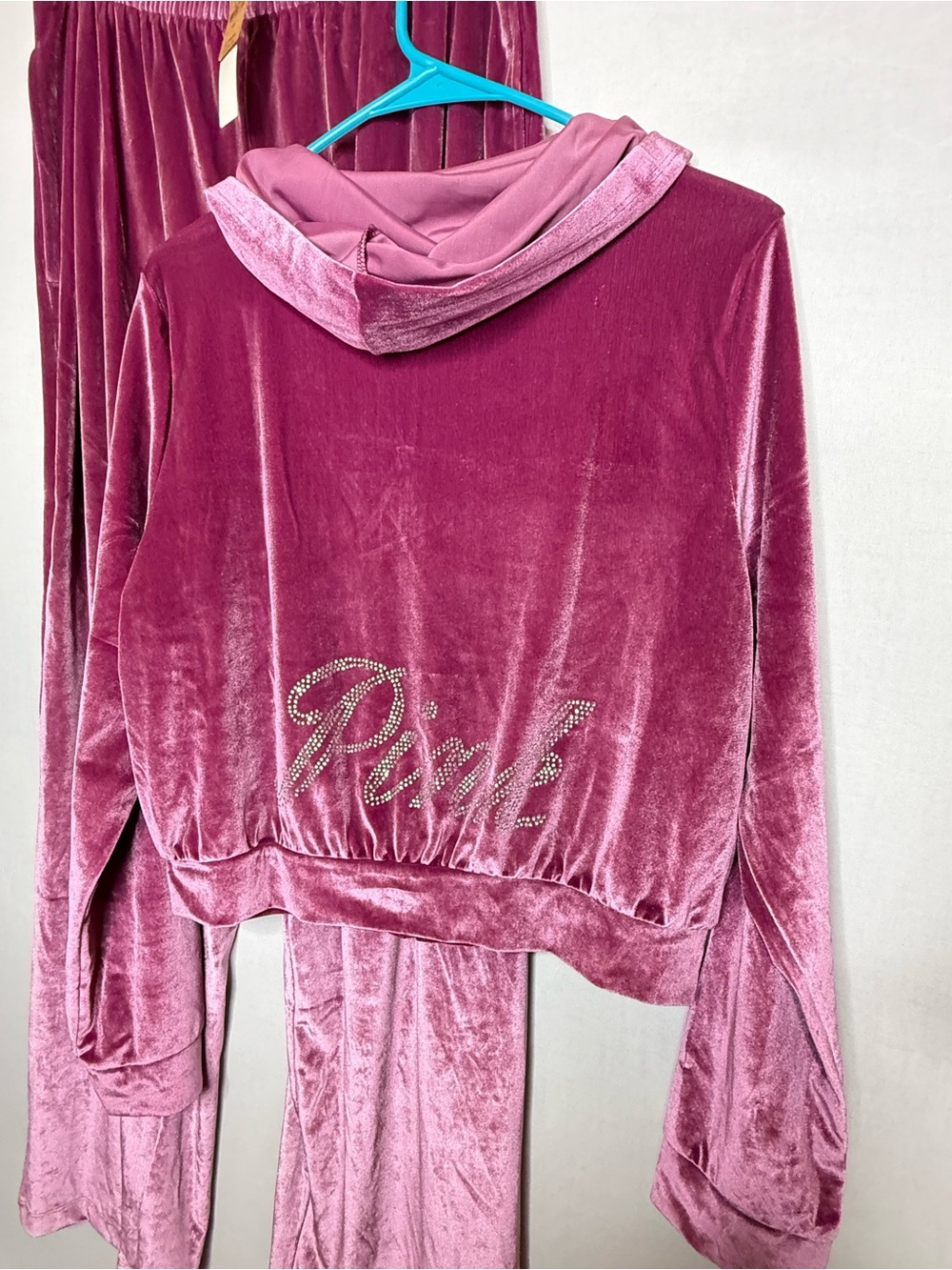 Pink By Victoria Secret Rhinestone Logo Velour Crop Hoodie & Wide Leg Pants L A4 - Picture 4 of 8